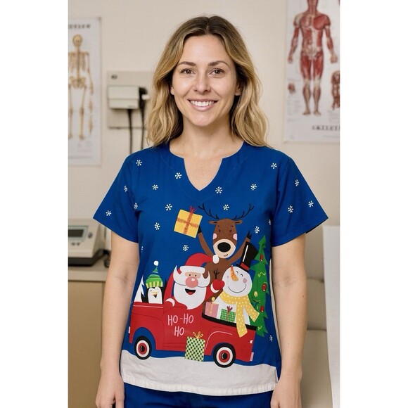 Butter Soft Stretch Christmas Scrub Top Santa Red Truck Snowman Penguin Size Lg - Picture 2 of 9